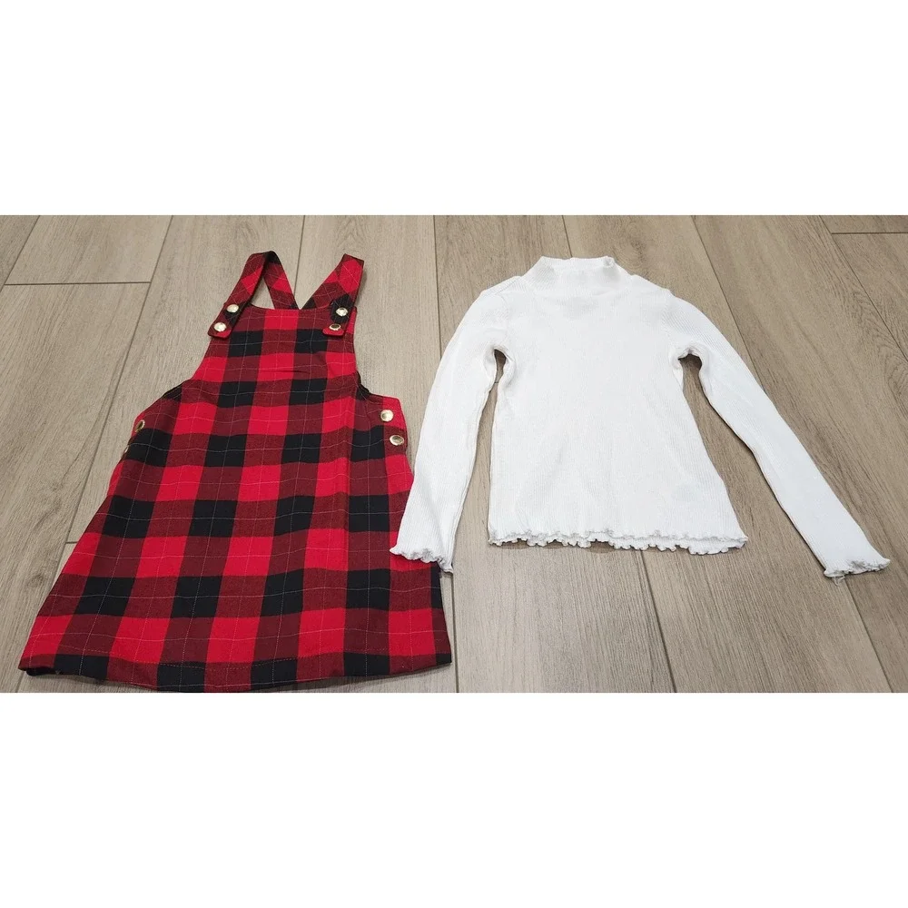 Girls Red Black Buffalo Plaid Pinafore Jumper Dress White Turtleneck Outfit 3T‎